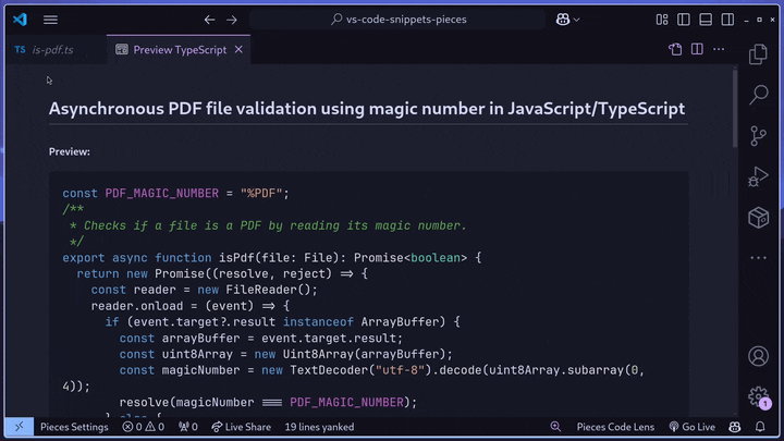 Generating a sharable link for a Pieces Drive snippet in VS Code.