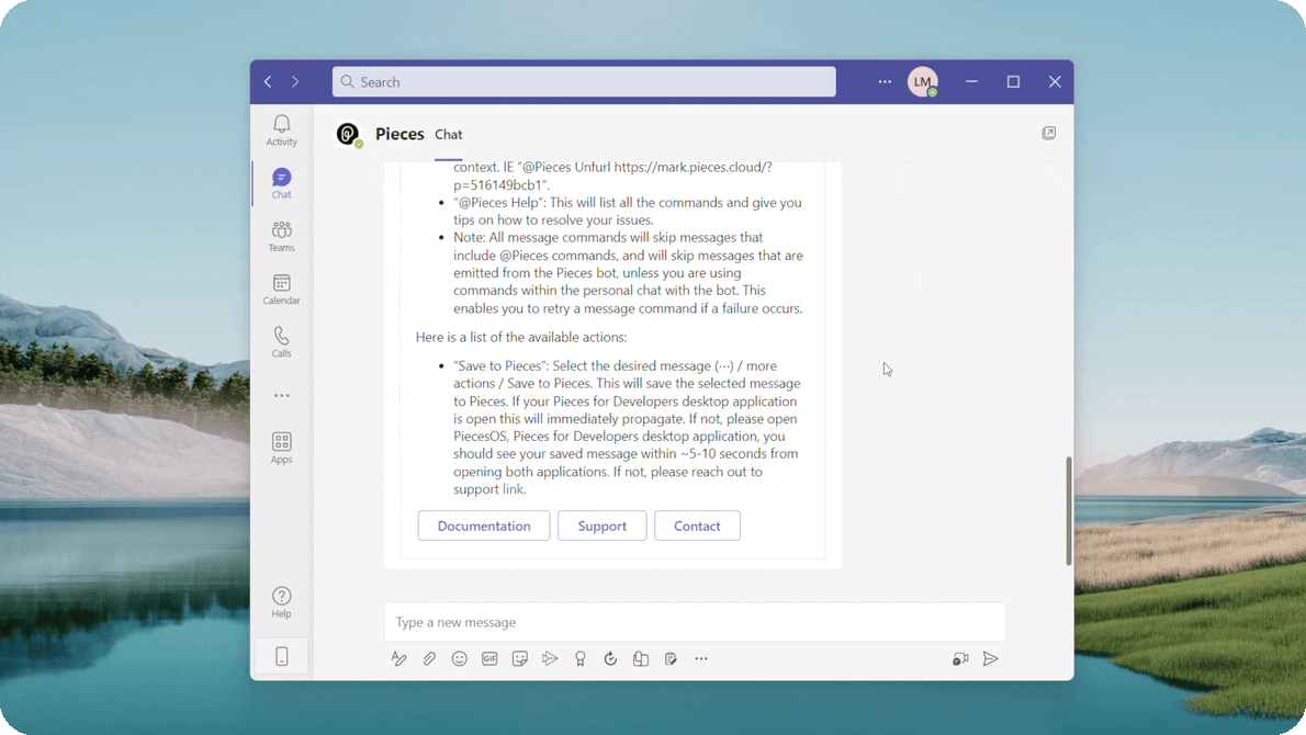 Asking Pieces a question in a Microsoft Teams chat.