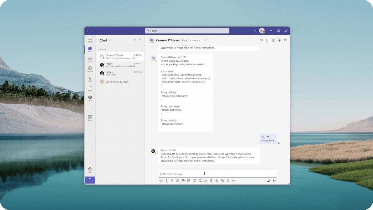 Unfurling code inside of a Microsoft Teams chat with the Pieces Bot.