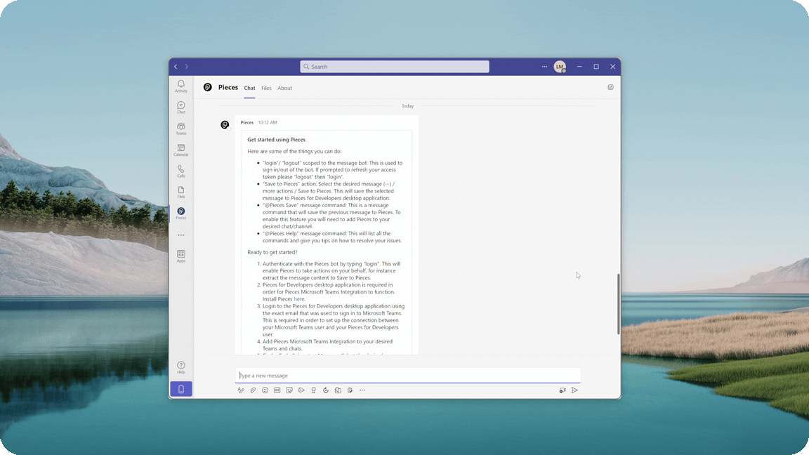 Logging in to Pieces in the Microsoft Teams App via chat.