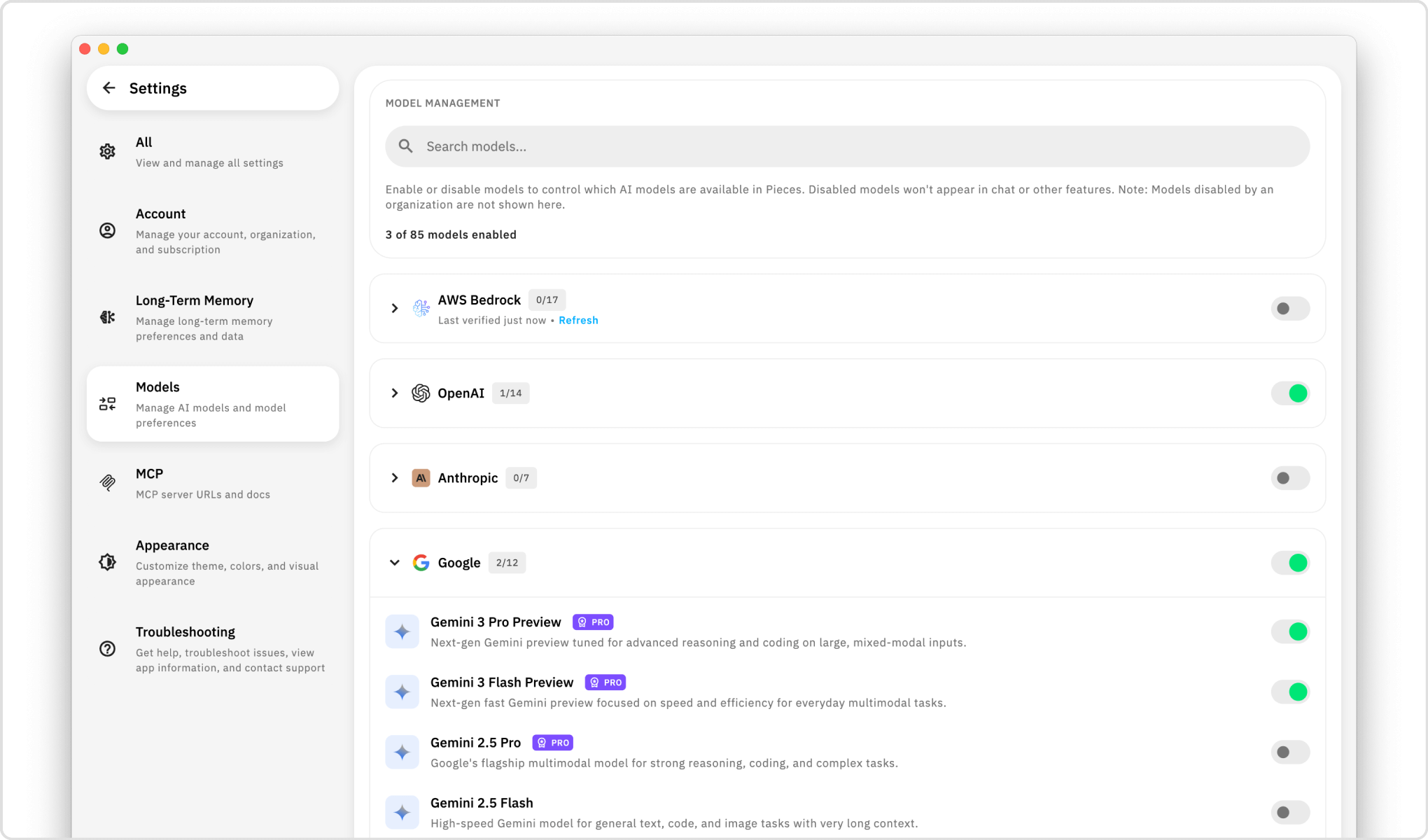 Model management in Settings