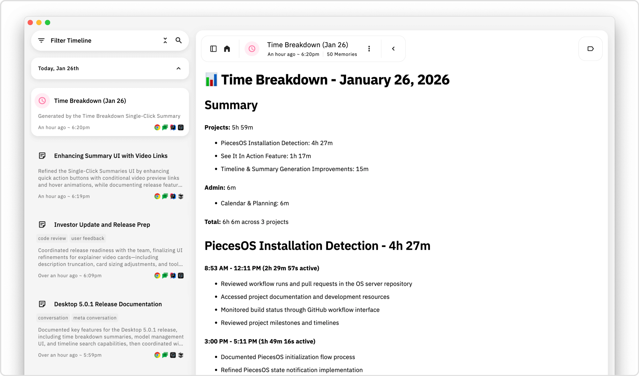 Time Breakdown reconstructs your day from captured context