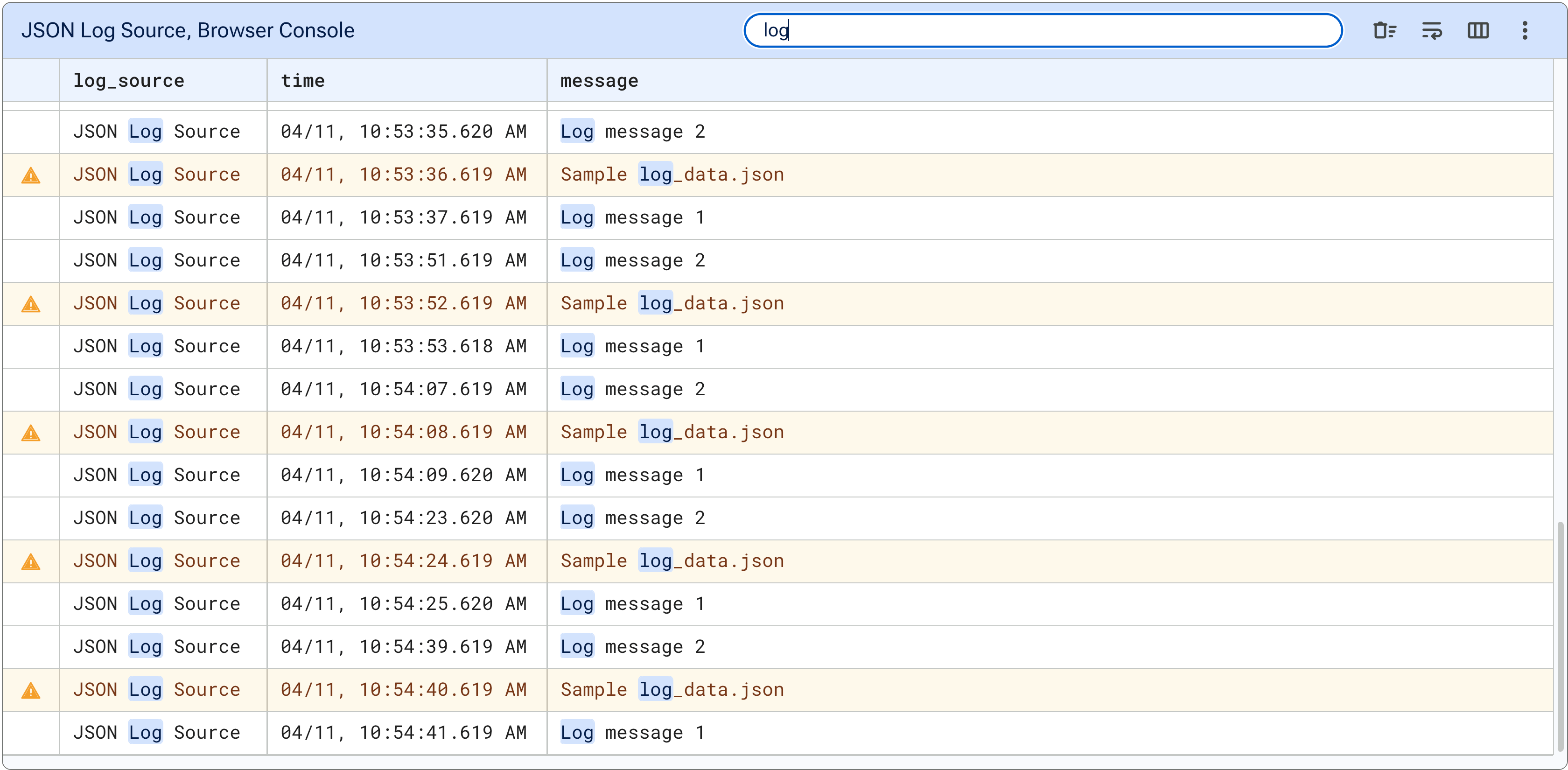 Filter example with the query 'log', the log viewer highlights and filters matches.