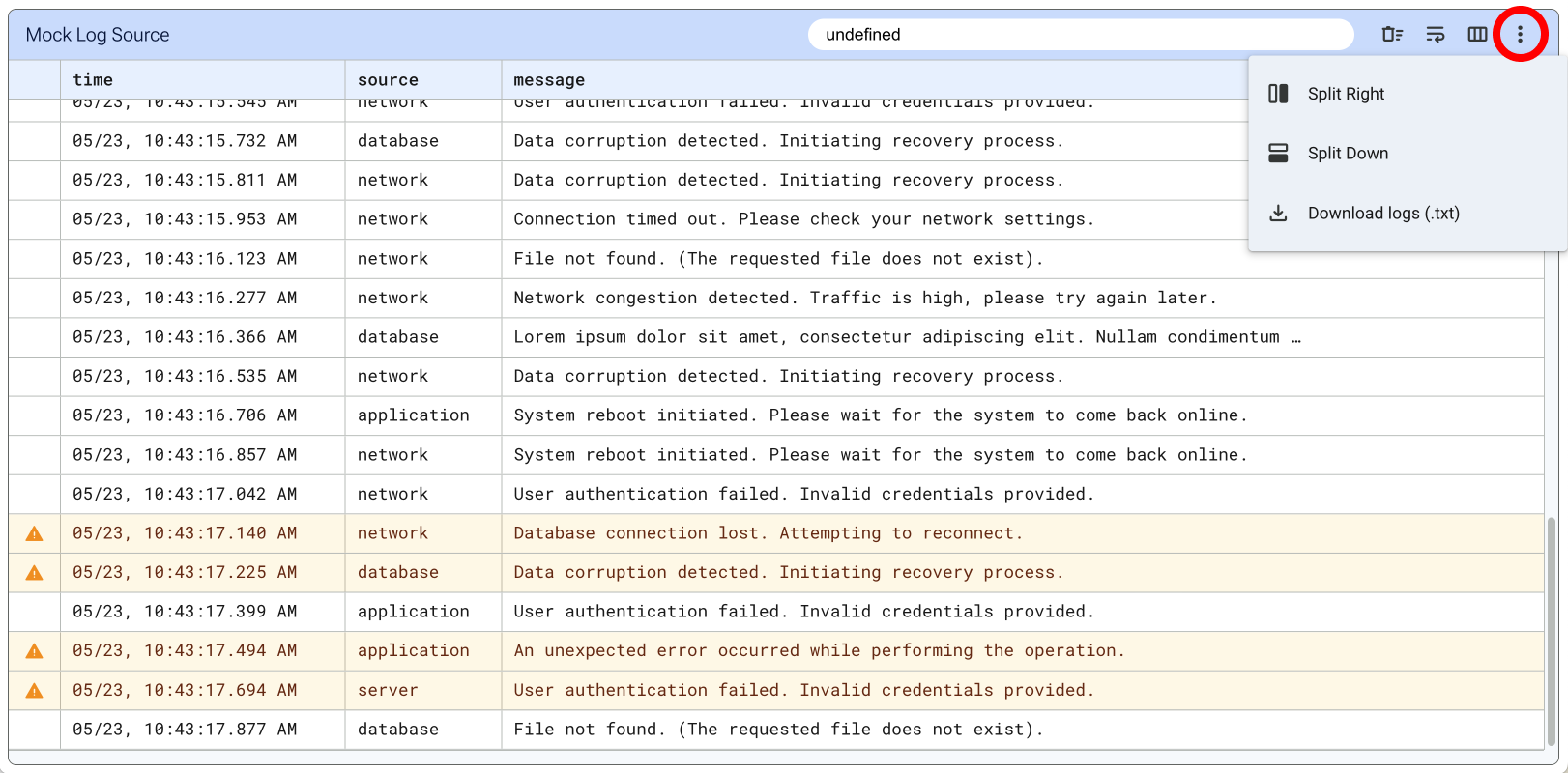 Download logs is found under the more actions button in the top menu.