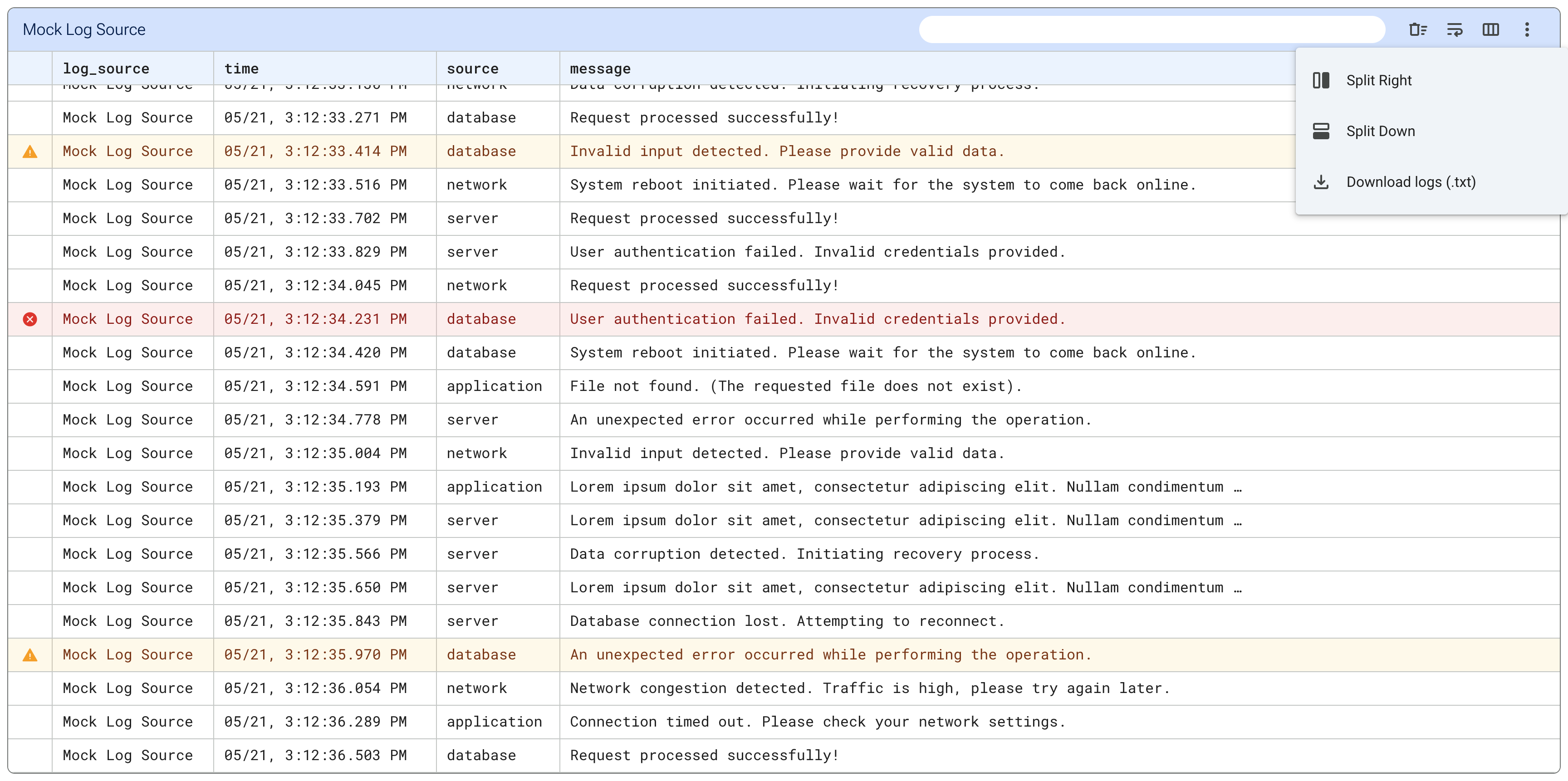 Split Right/Split Down can be found under the additional actions menu in the toolbar.