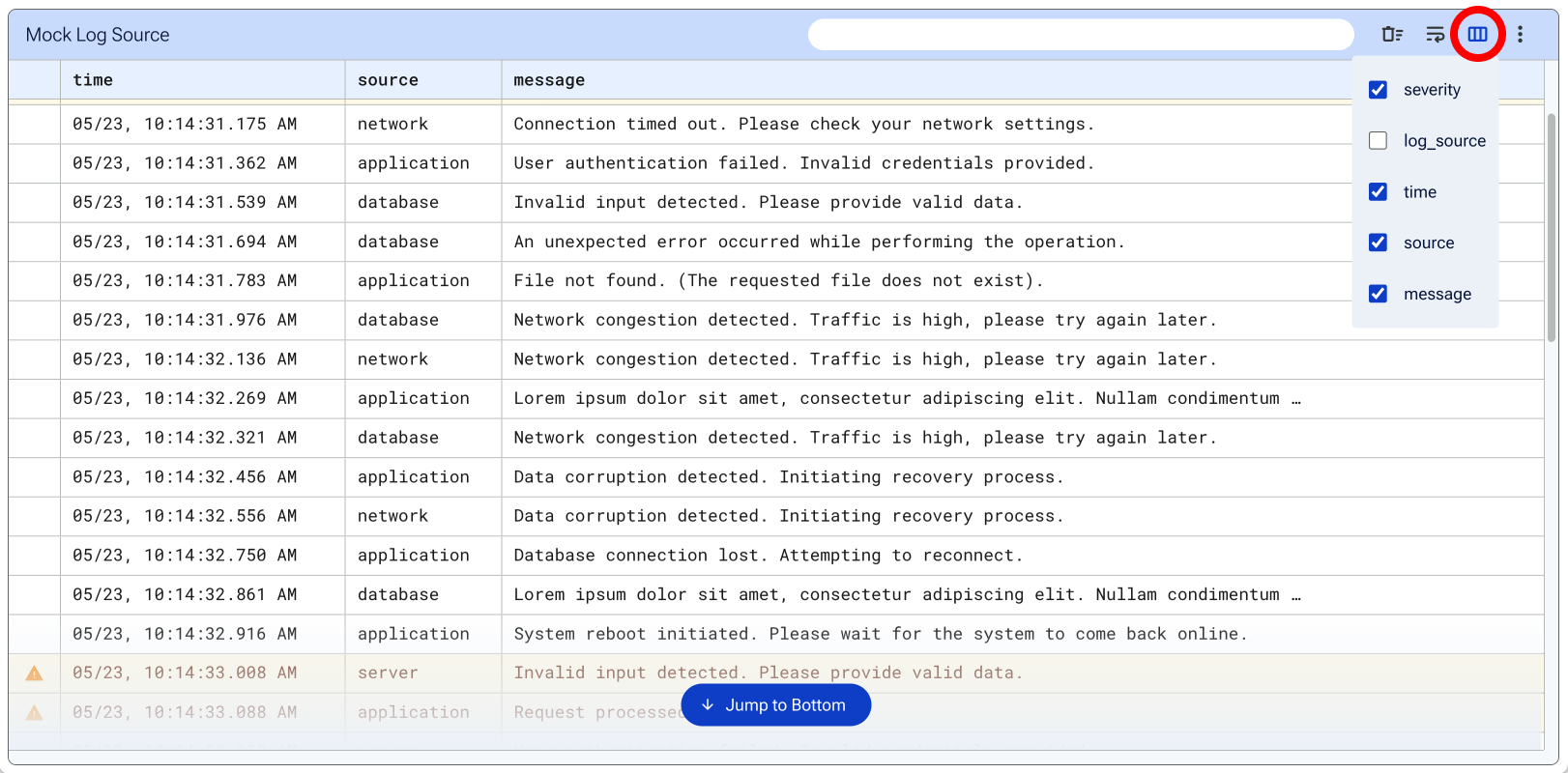 Toggle fields button in topbar opens checkbox list of fields to toggle visibility.