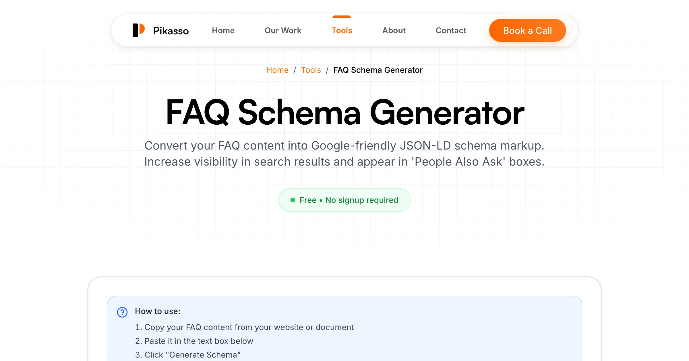 FAQ Schema Generator - Free JSON-LD FAQ Markup | Pikasso Studio
