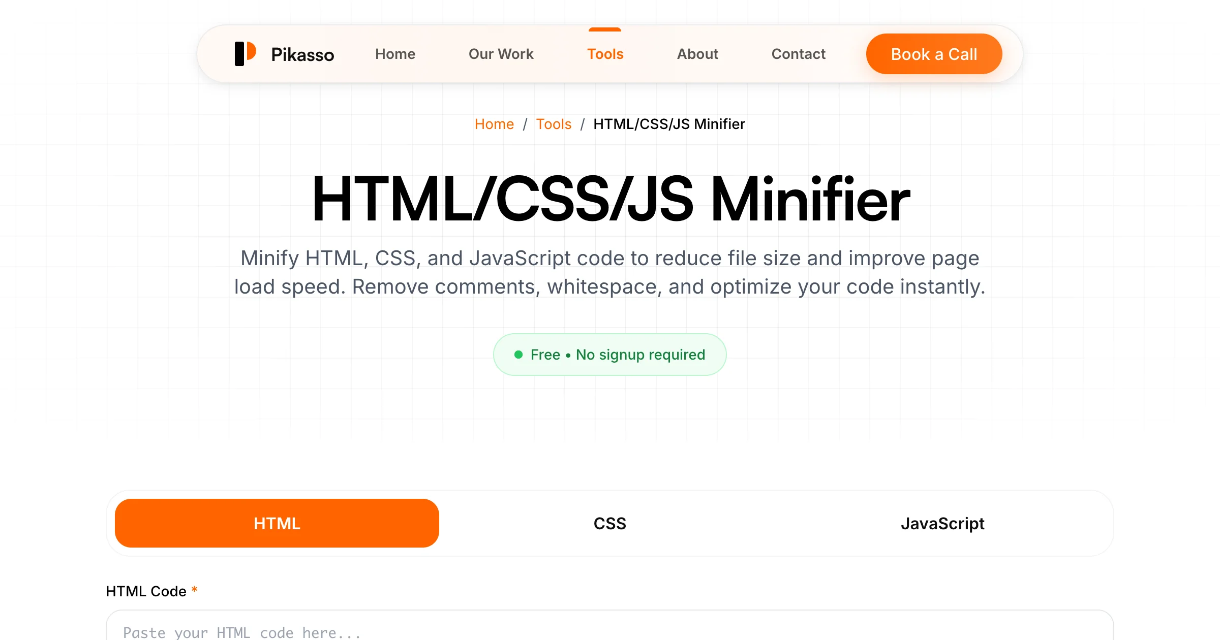 HTML/CSS/JS Minifier - Free Code Compressor | Pikasso Studio