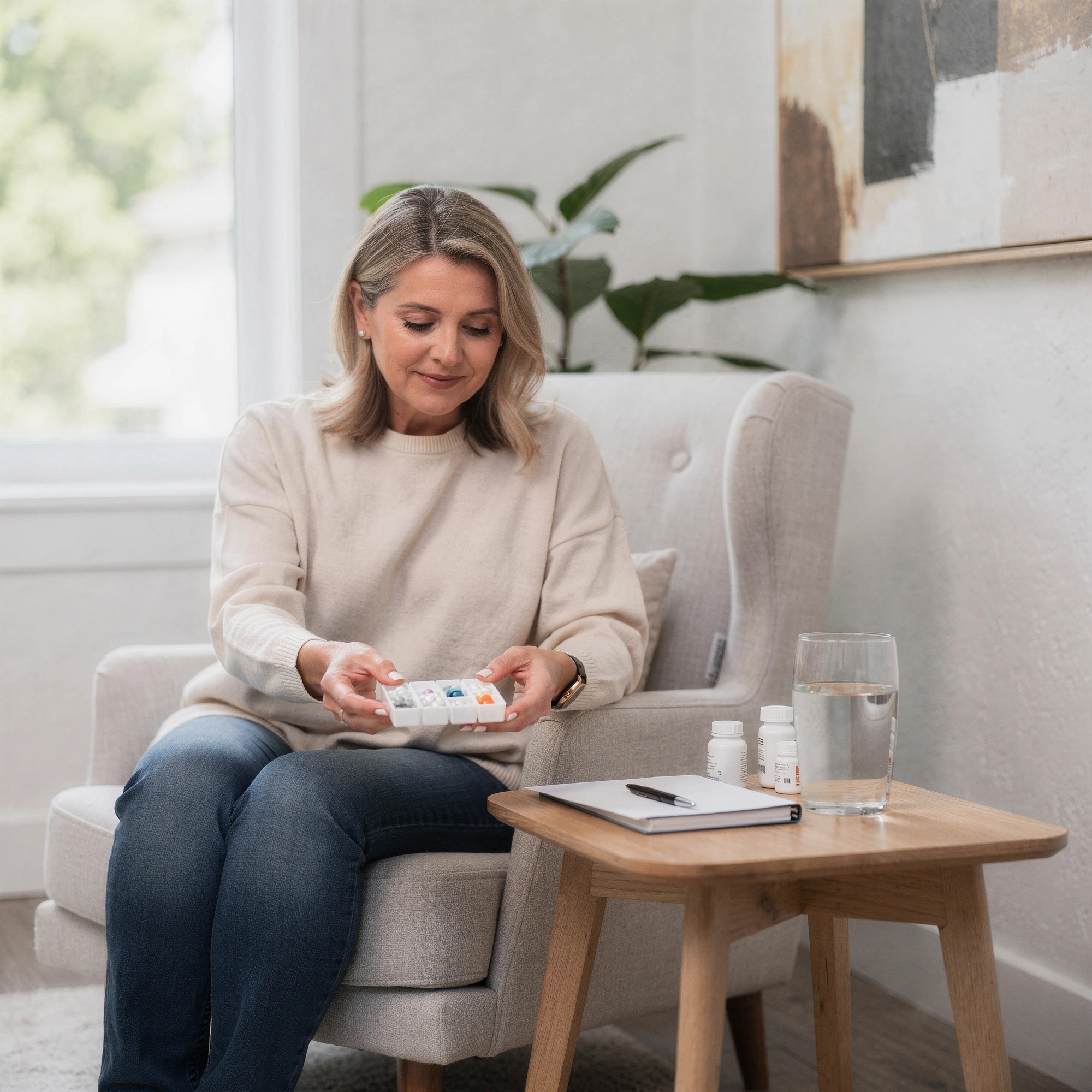 Woman in an armchair sorting daily supplements into a weekly pill organizer