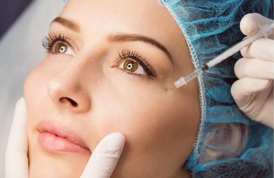Gloved provider placing a fine injection just below a woman's eye during an under-eye skin treatment