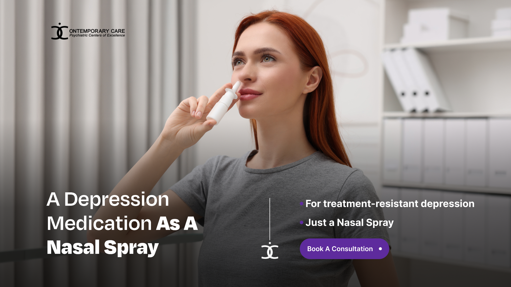 A woman uses a nasal spray medication, illustrating a treatment-resistant depression medication offered as a nasal spray