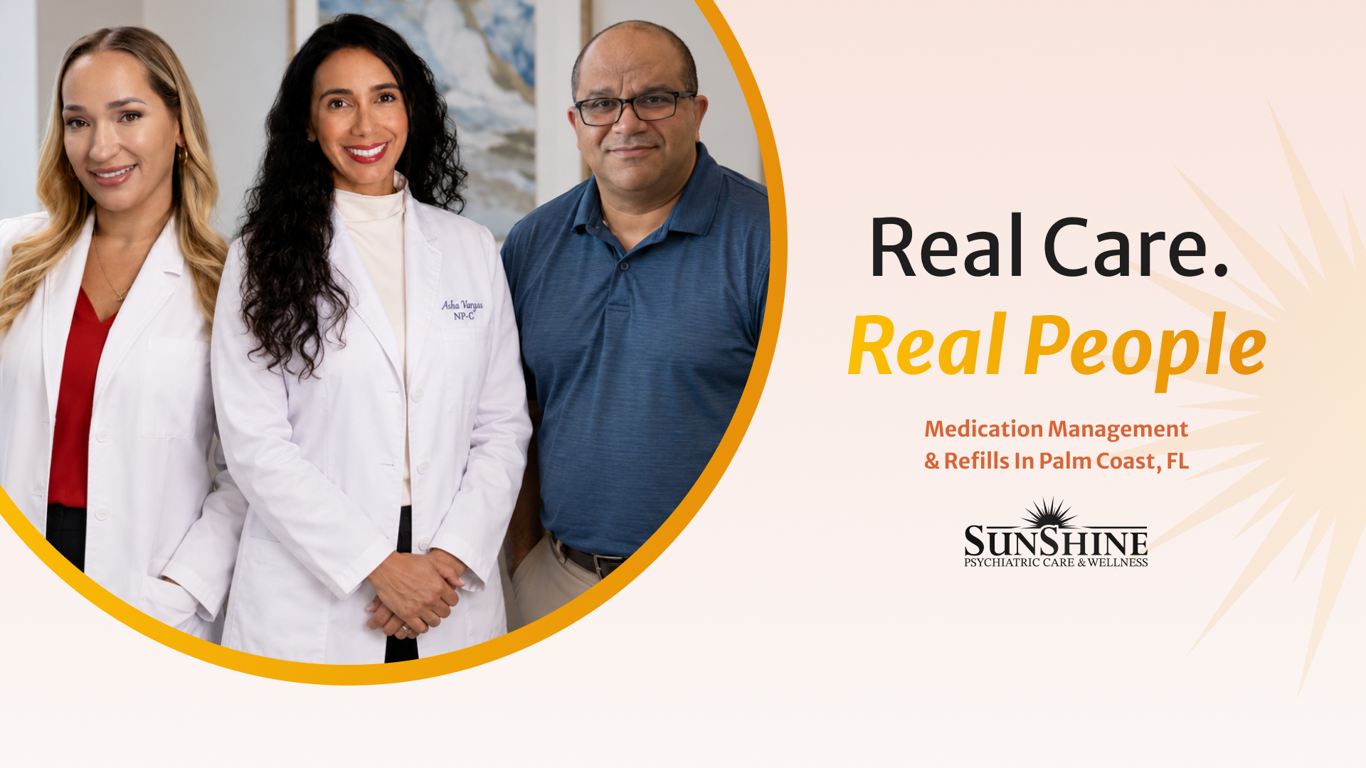 A promotional graphic for Sunshine Psychiatric Care & Wellness showing three staff members in a circular photo beside the tag