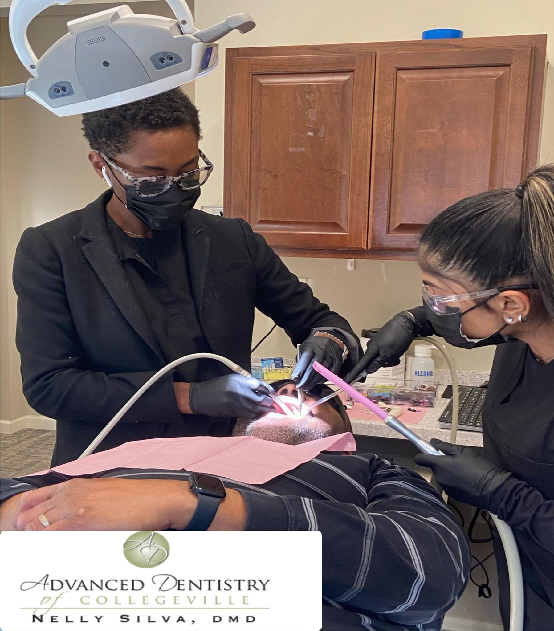 Dr. Nelly Silva and a dental assistant treating a patient in one of our treatment rooms
