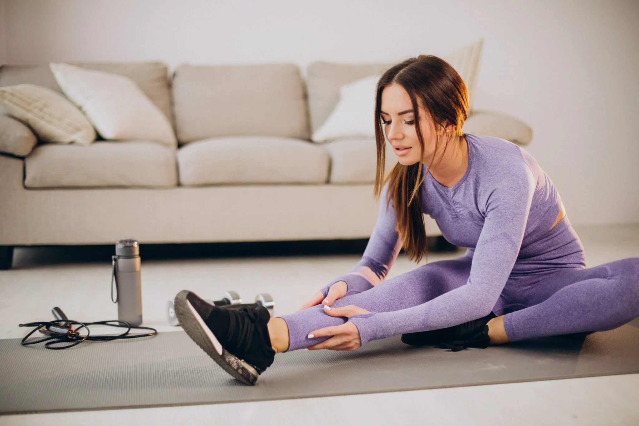 A young woman in workout clothes stretches her leg on a yoga mat in a home living room, holding her ankle