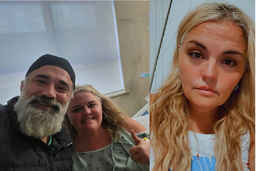 Smiling patient in a hospital gown beside a visitor on the day of her weight loss surgery, and a close-up selfie of her slimmer face four months later