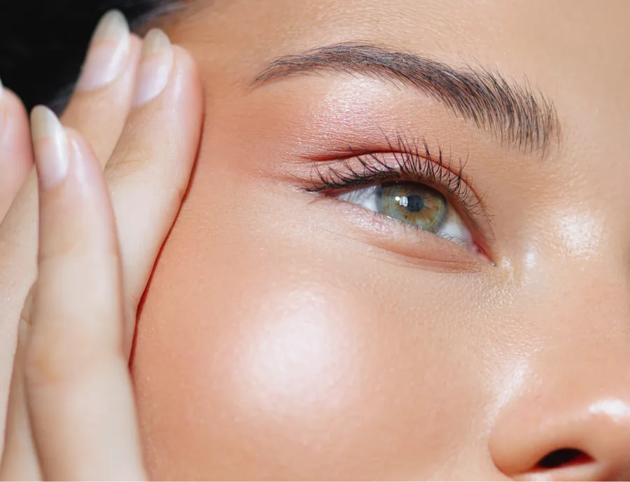 Close-up of smooth, firm skin around a woman's eye, the area non-surgical blepharoplasty treats