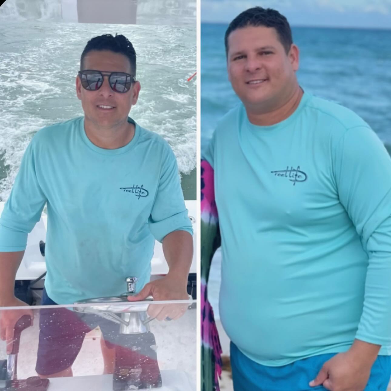 Before and after photos of a male patient in the same teal shirt on a boat and at the beach after bariatric surgery
