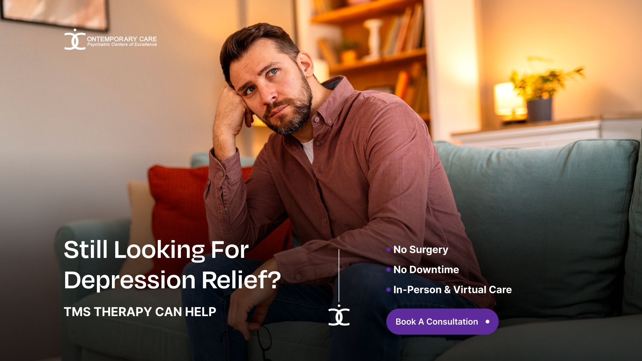 A pensive, sad-looking man sits on a couch resting his head on his hand in a homepage hero promoting TMS therapy for depressi