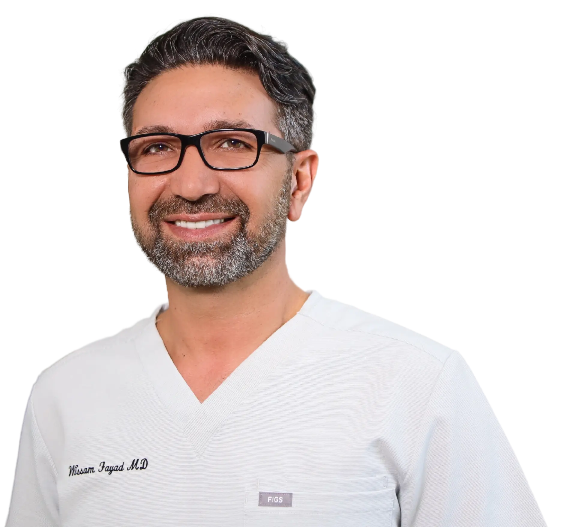 Dr. Wissam Fayad, MD, cosmetic surgeon, in white scrubs