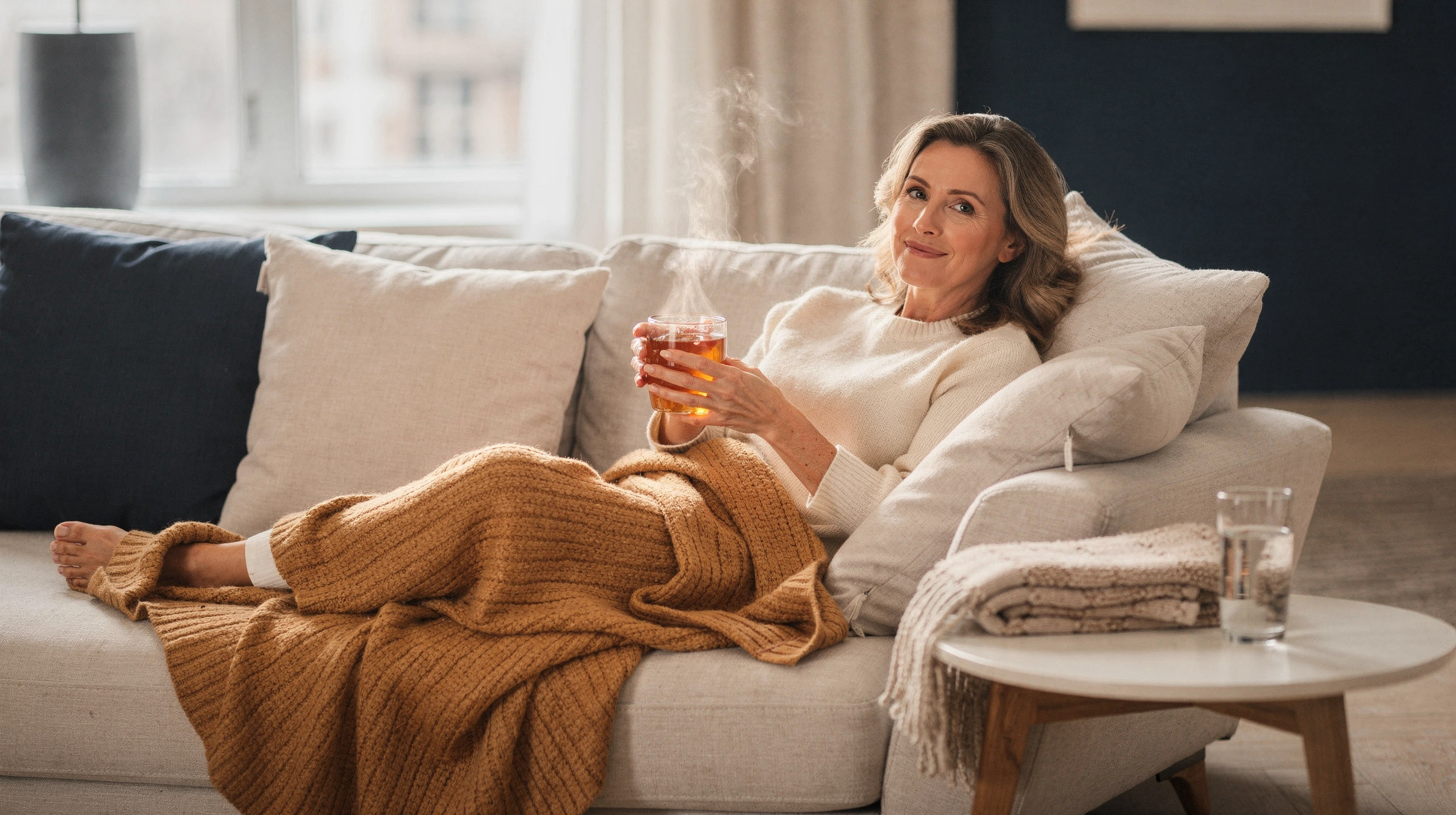 A woman rests comfortably on a couch wrapped in a blanket while holding a warm drink, illustrating recovery after breast impl
