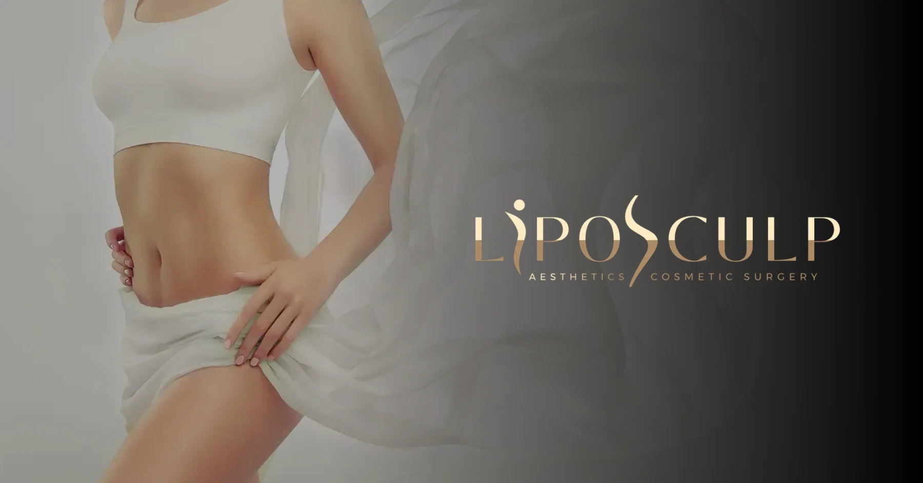 A slim woman's toned midsection is shown draped with flowing white fabric beside the Liposculp Aesthetics Cosmetic Surgery lo