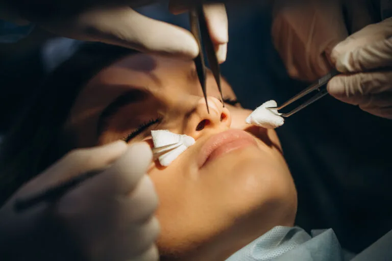 Close-up of a surgeon's gloved hands performing nasal surgery on a patient using forceps and gauze