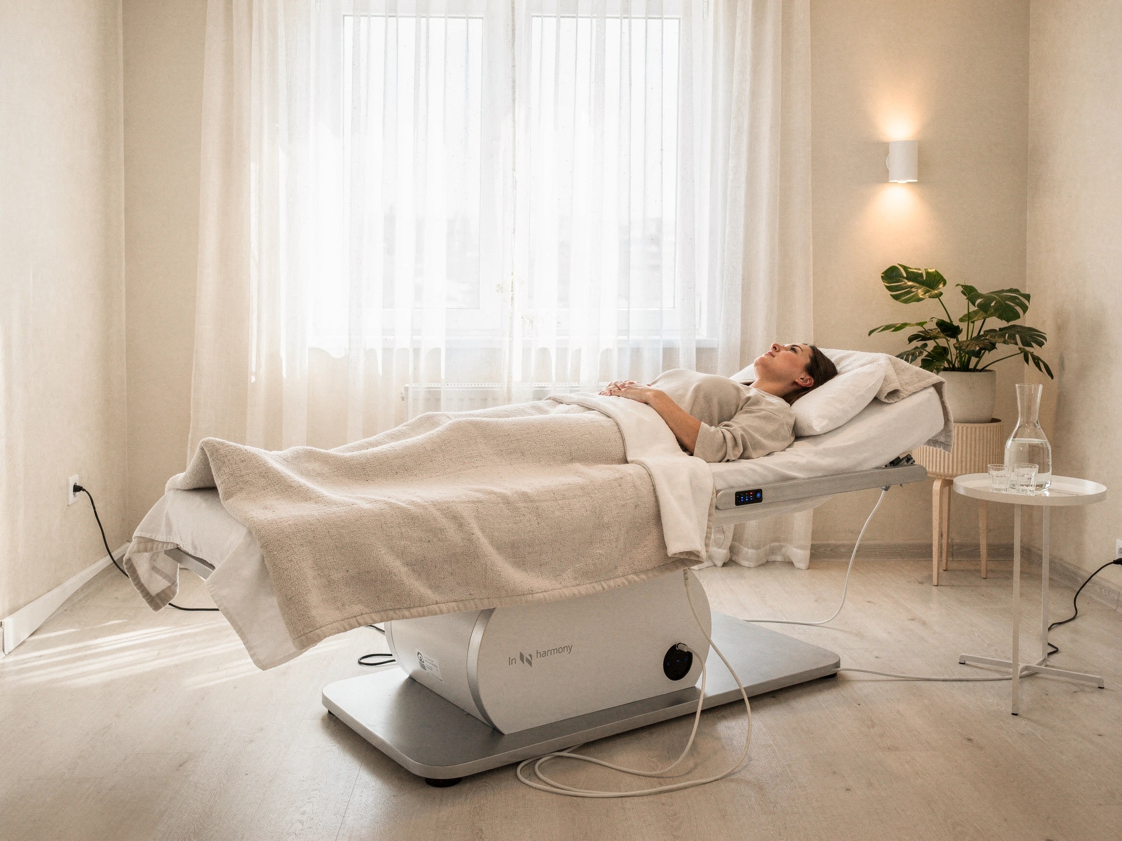 A woman relaxes on a specialized vibroacoustic therapy bed in a serene, softly lit treatment room