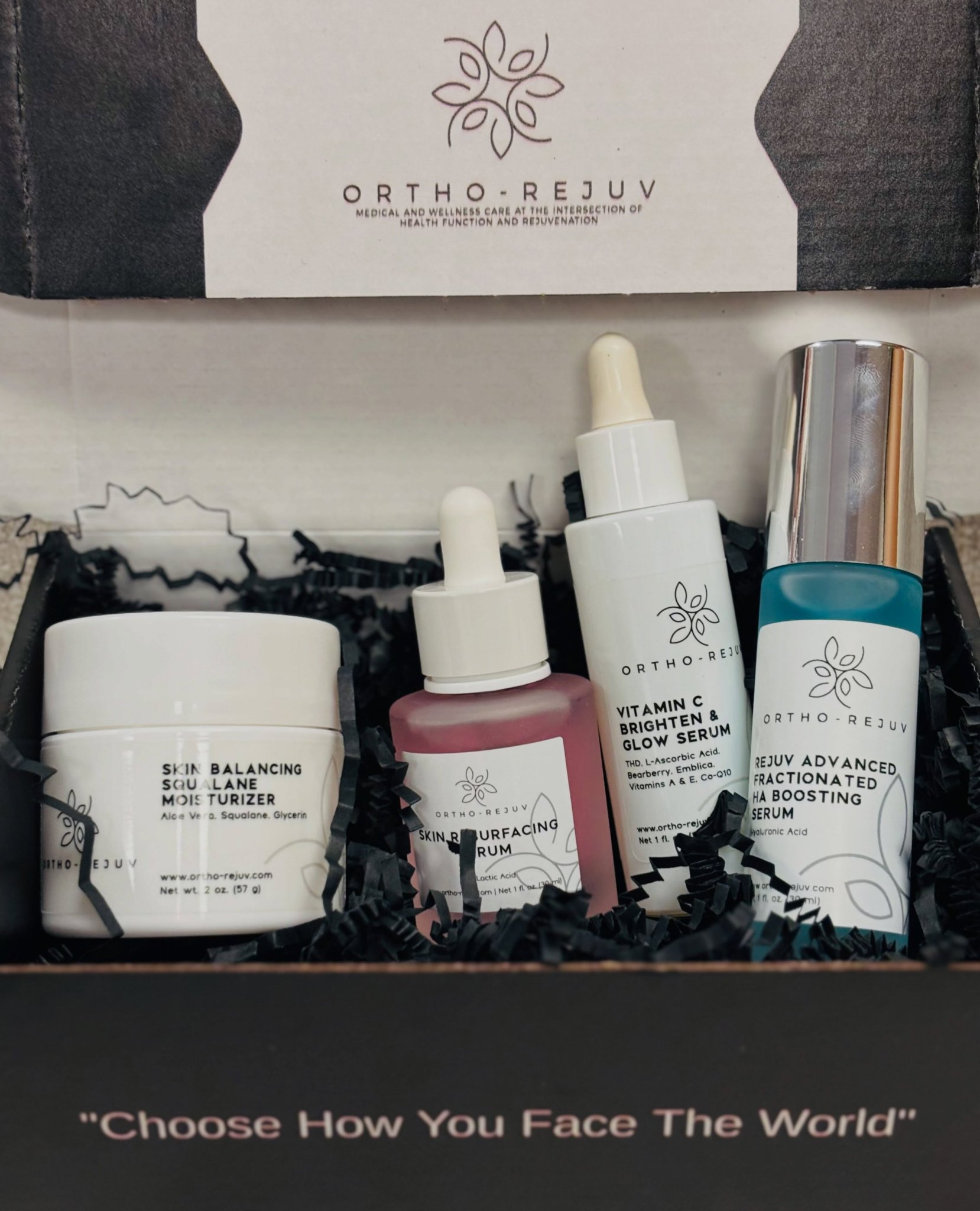Ortho-Rejuv medical-grade skincare box with moisturizer, vitamin C serum and HA boosting serum