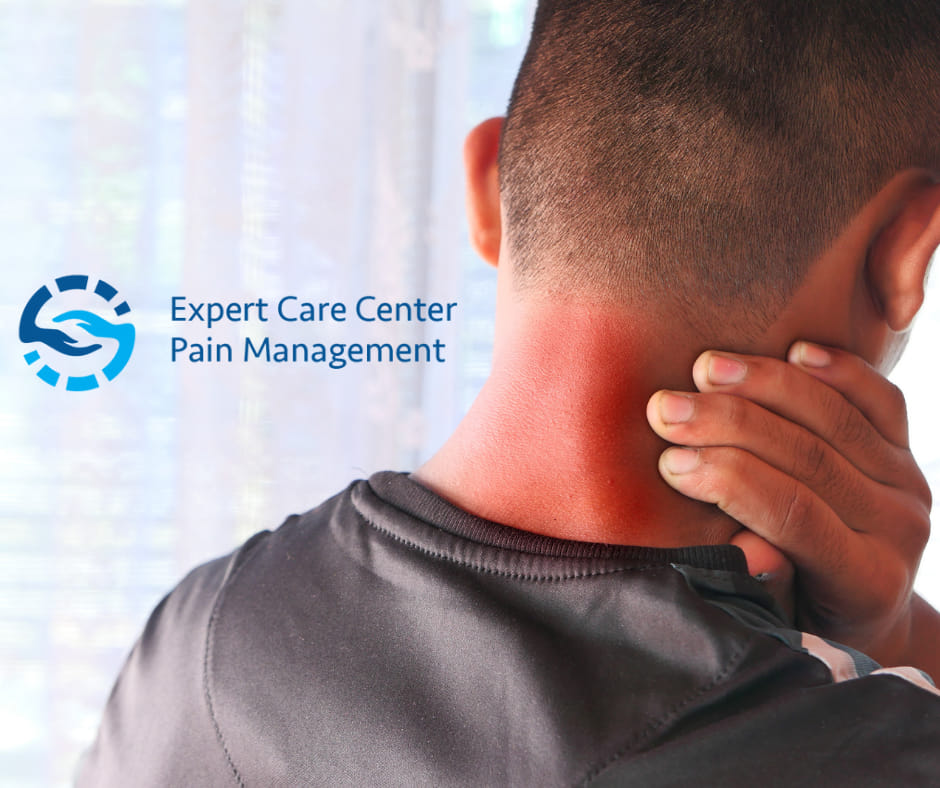 Rear view of a man gripping his red-highlighted neck in pain, used by Expert Care Center Pain Management to illustrate chroni