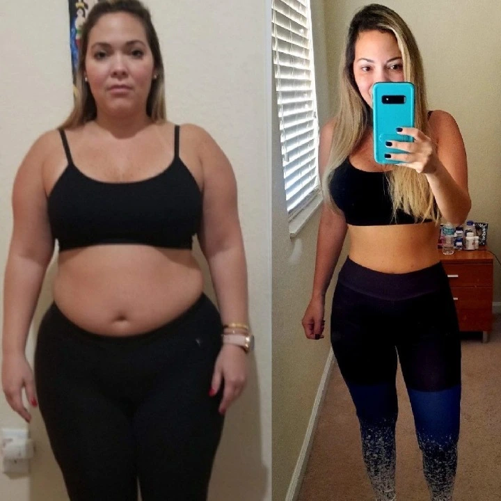 Before and after bariatric surgery: a woman in a black crop top, then visibly slimmer in a mirror photo