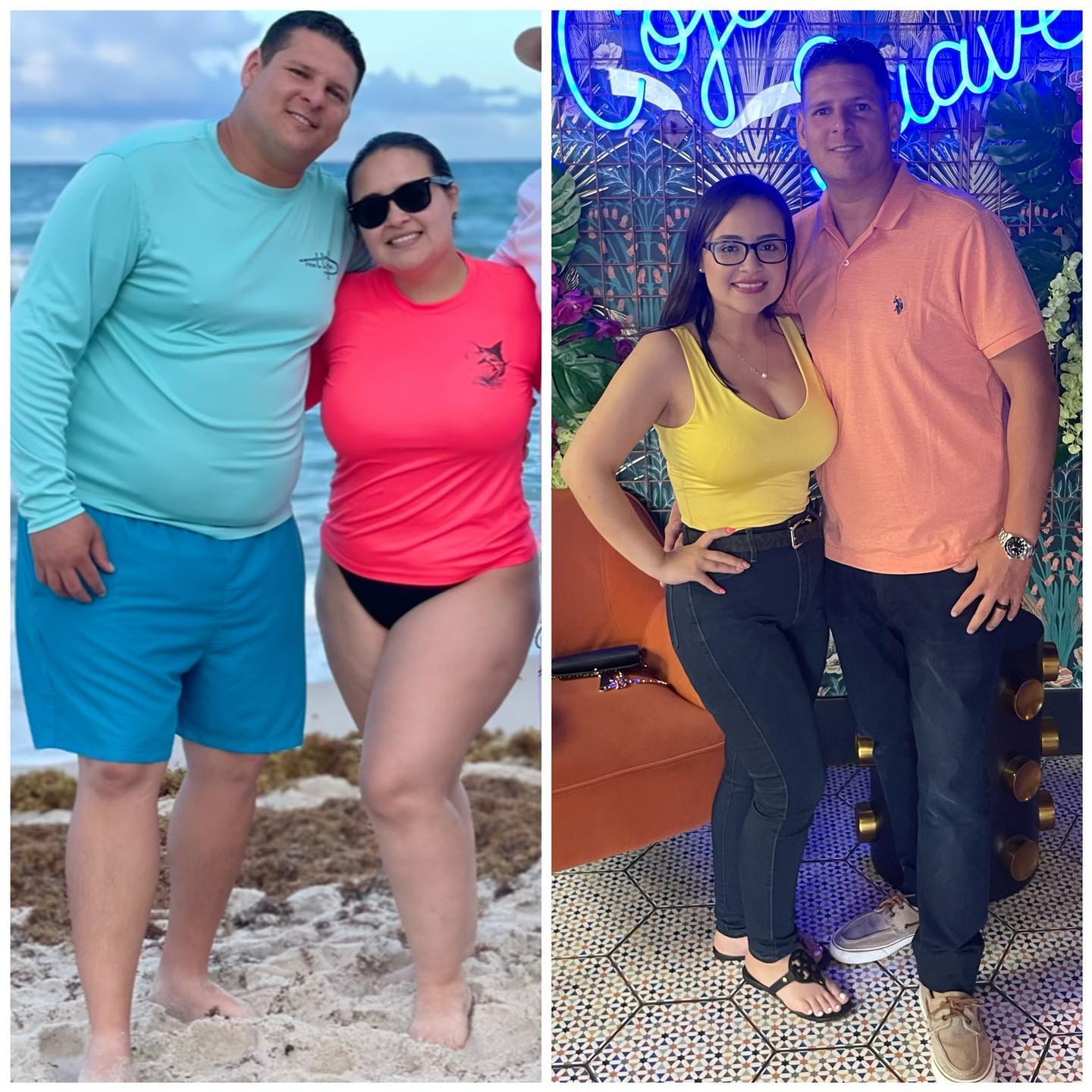 Before and after gastric sleeve surgery: a couple on the beach, then both noticeably slimmer at an event