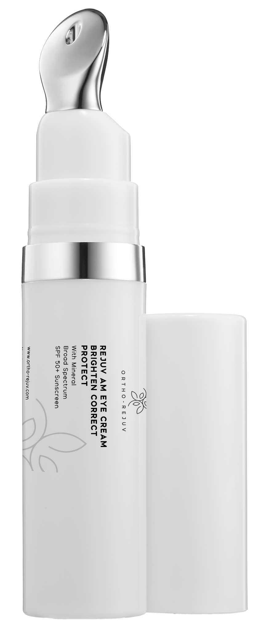 White pump tube of Ortho-Rejuv AM Eye Cream with SPF 50+ mineral sunscreen