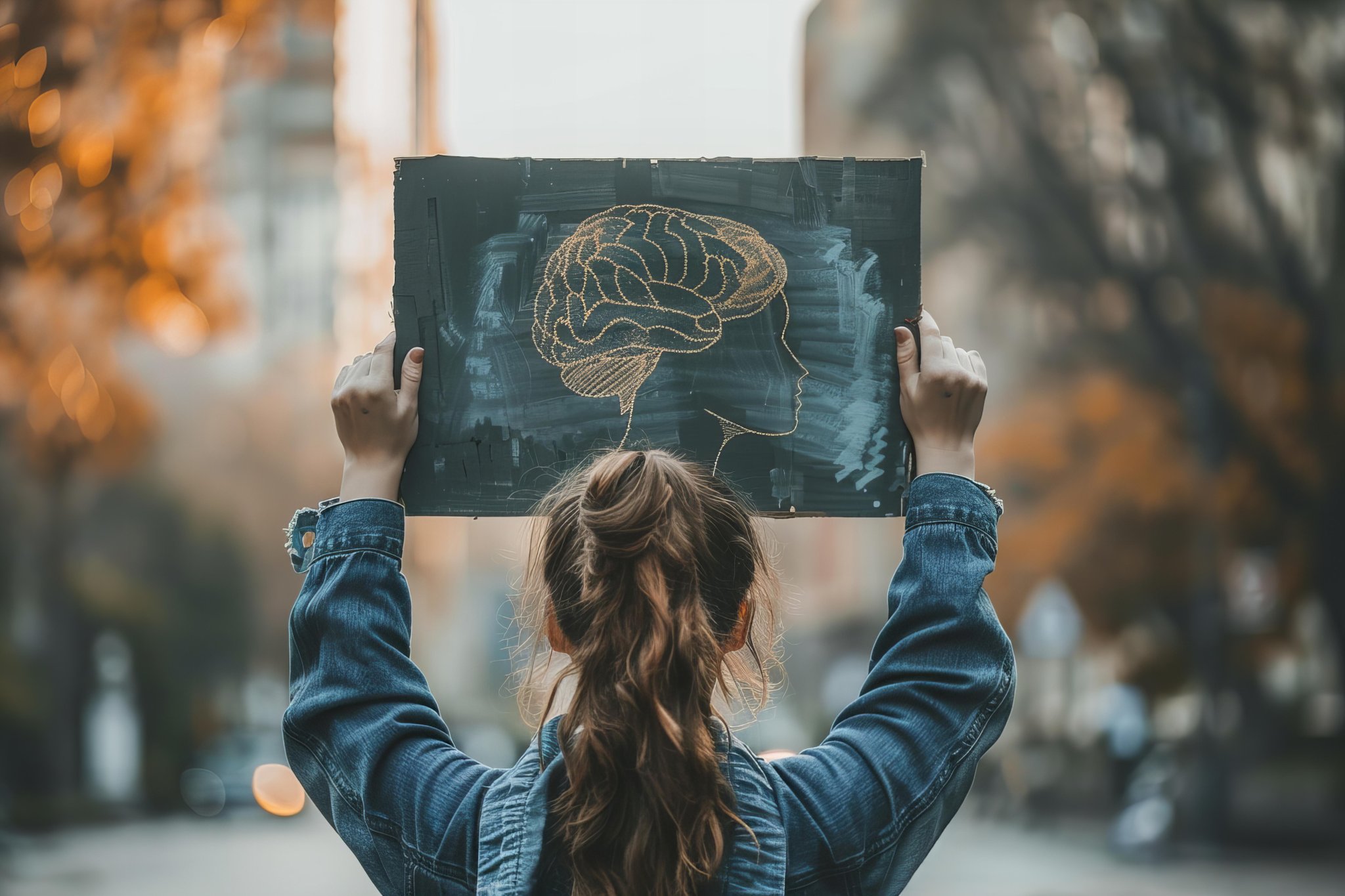 A woman with her back to the camera holds up a sign with a glowing brain and head illustration on a city street