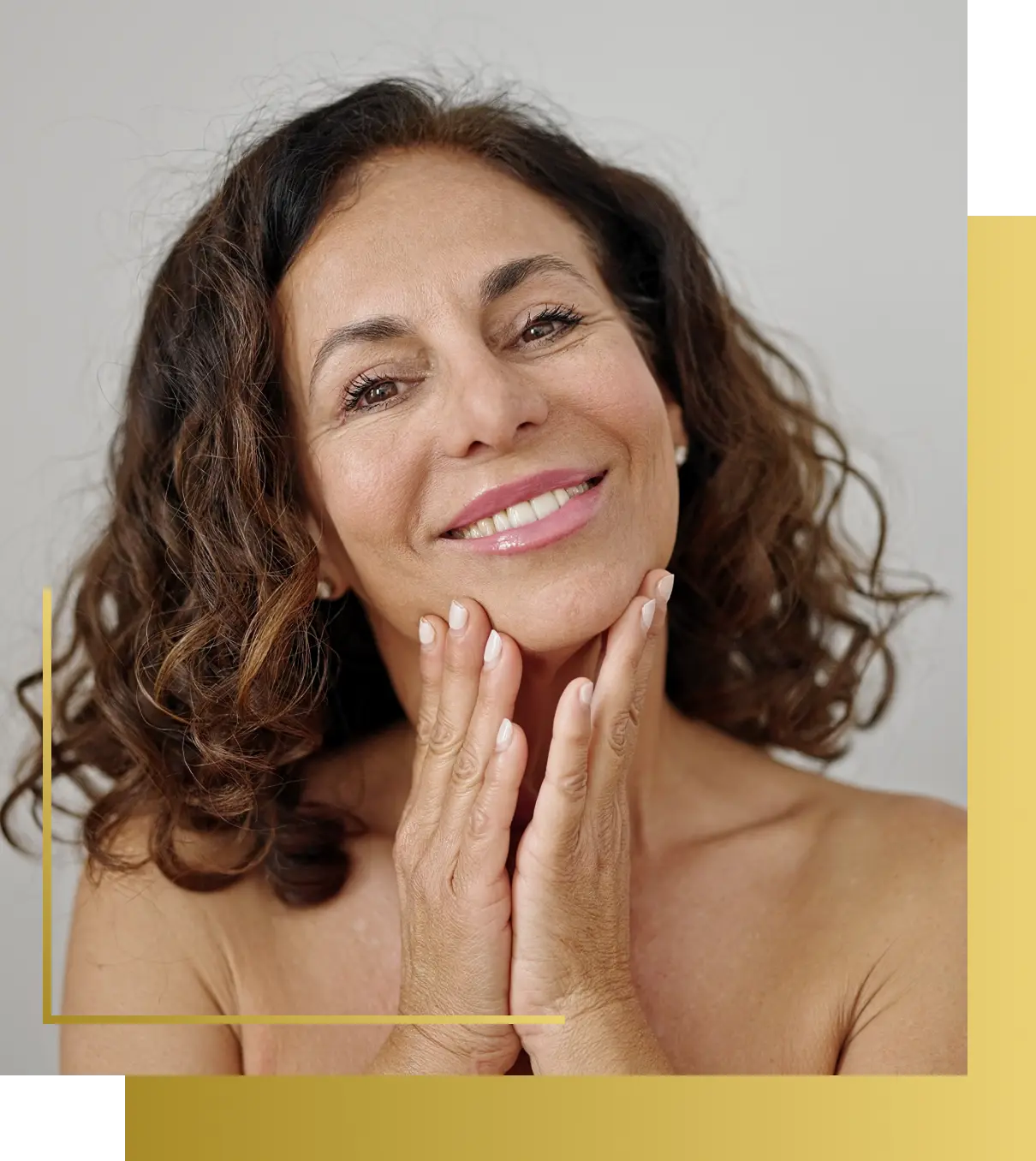 Smiling middle-aged woman with curly hair, her eyes and brows in clear view