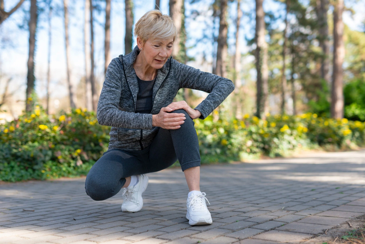 Older woman in workout clothes pausing on a park path to hold her sore knee