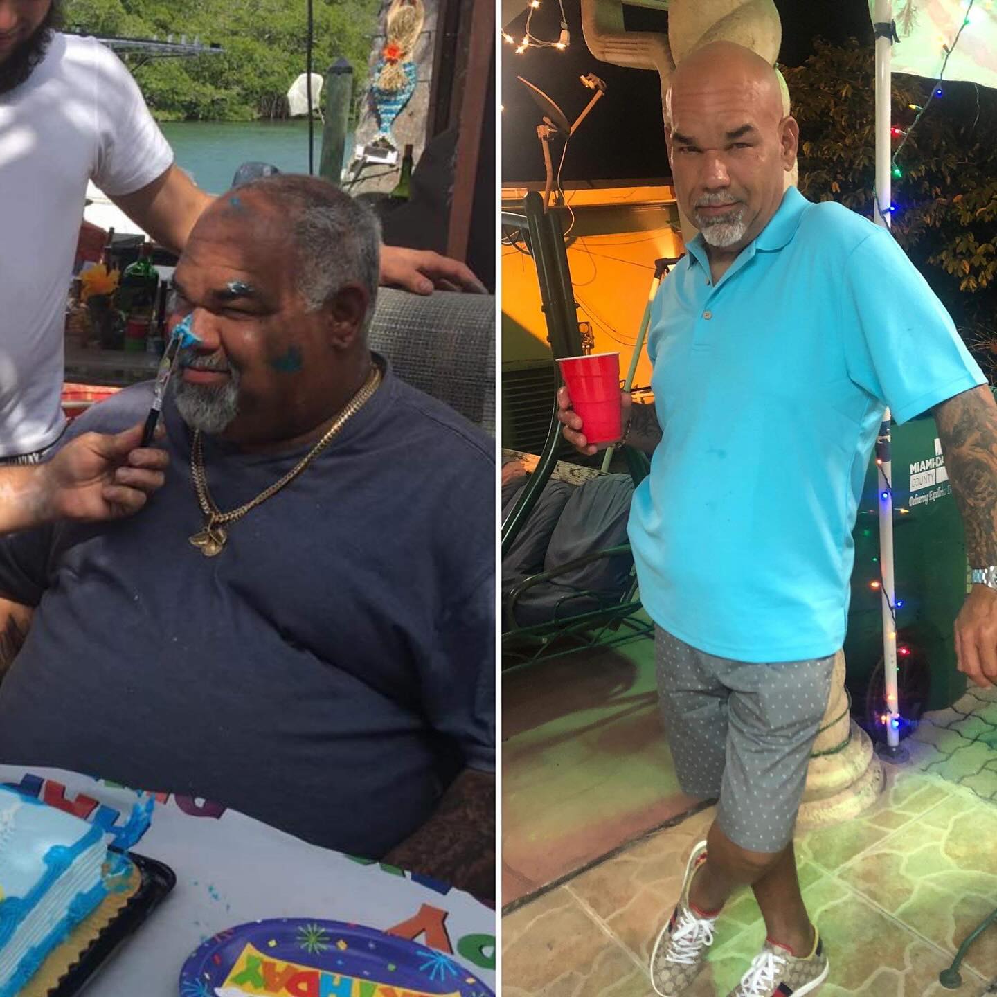 Before and after bariatric surgery: a man at a birthday table, then slimmer standing in a teal polo shirt