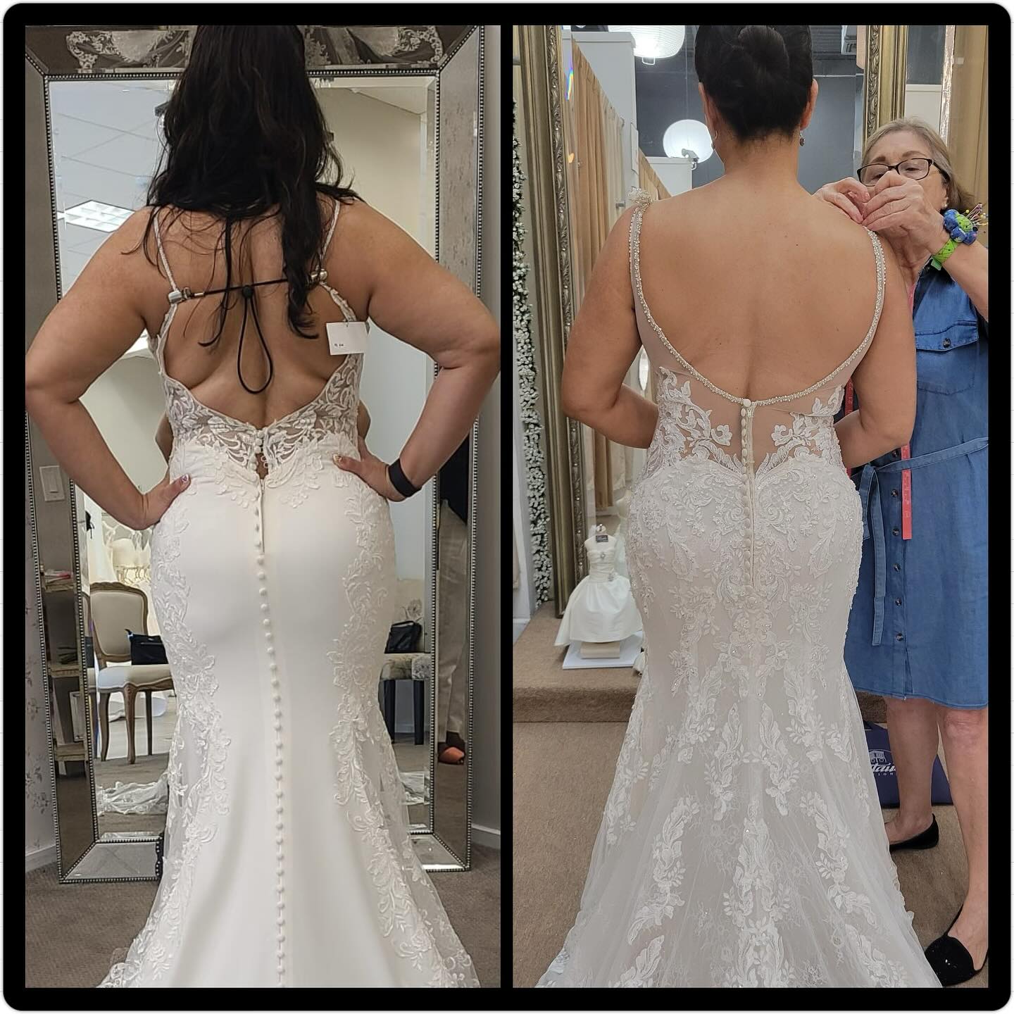 Back view of a gastric sleeve patient in a lace wedding gown at two fittings, fuller before surgery on the left and visibly slimmer after on the right