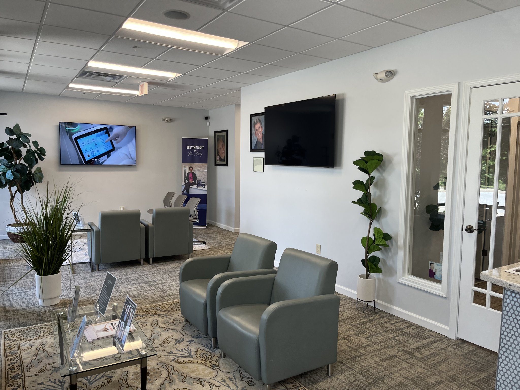 Waiting room of our Collegeville dental office with armchairs and plants