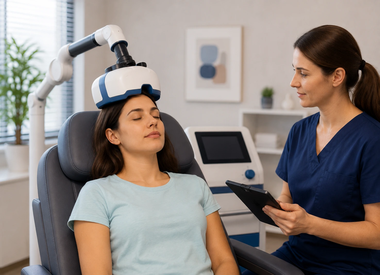 A patient sits relaxed in a treatment chair with a TMS device positioned over her head while a provider monitors the session