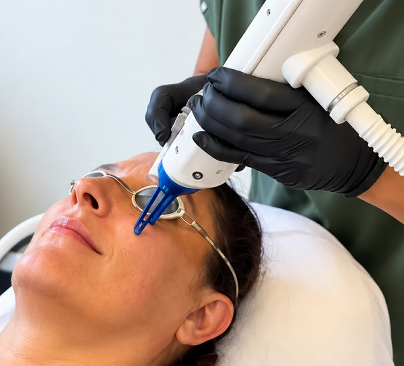 Patient wearing protective glasses during a laser facial