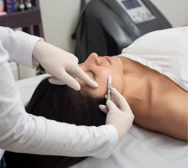 Aesthetician in white gloves performing liposuction consultation with handheld device on patient's face