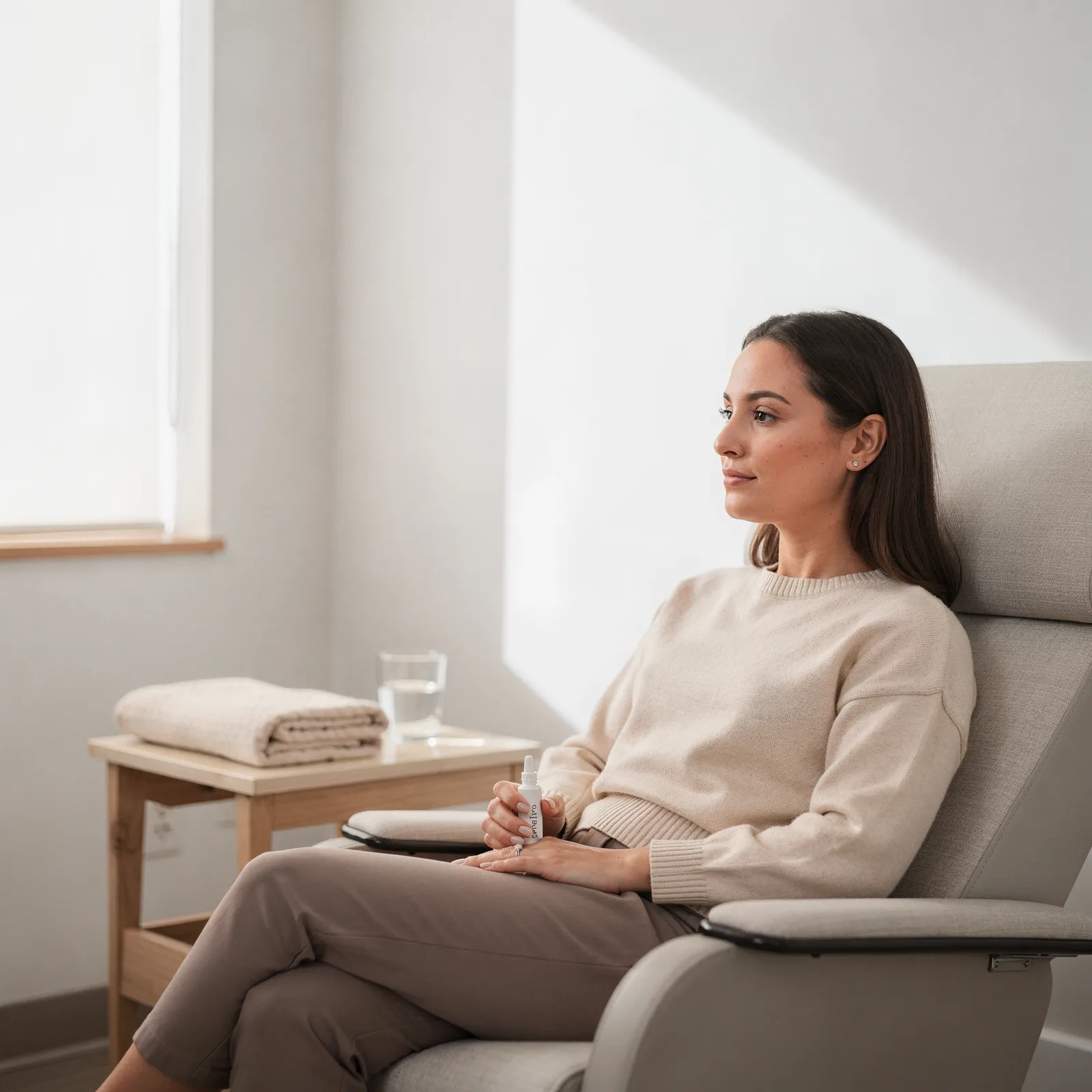 Woman resting in a treatment recliner with a nasal spray device