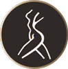 Stylized line drawing of a woman's torso in a side plunge pose on a purple circular background
