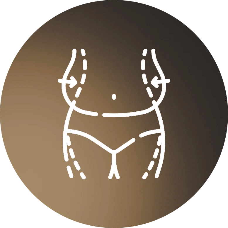 Line icon showing torso with dashed lines marking fat loss areas on purple circle background