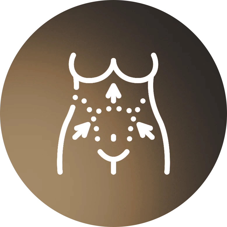 Purple circular icon with white line drawing of torso and dotted lines indicating tummy tuck treatment area