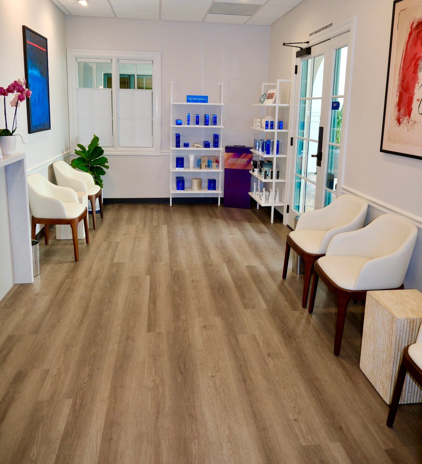 The waiting and retail area at Blu Cocoon MedSpa in Los Gatos, CA