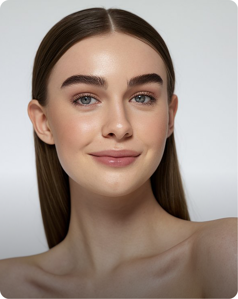 Woman with clear skin and defined eyebrows facing camera against neutral background