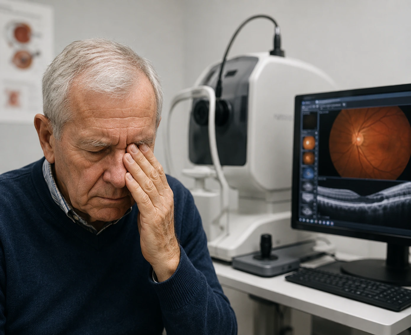 Older man with hand to face beside retinal imaging equipment displaying fundus scan on monitor