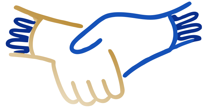 Two hands shaking in blue and tan, symbolizing partnership and teamwork