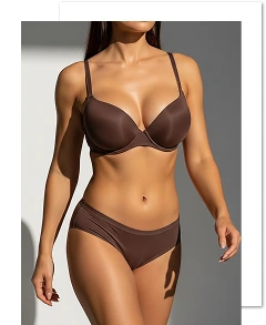 Woman in brown lingerie showing defined abdominal contours and body shape